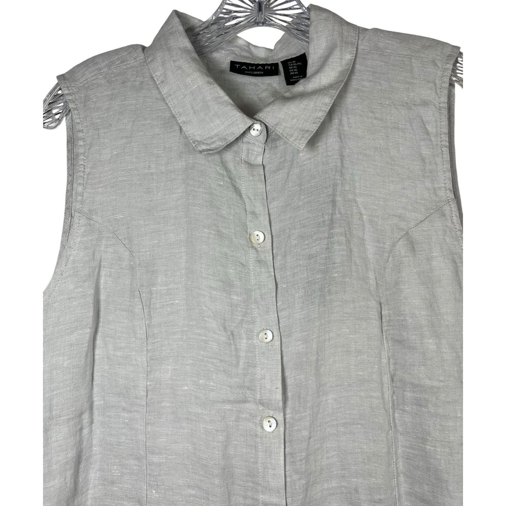 NWT TAHARI Sz XL Top 100% Linen Gray Button Up Shirt Blouse Minimalist Lagenlook - Picture 2 of 9